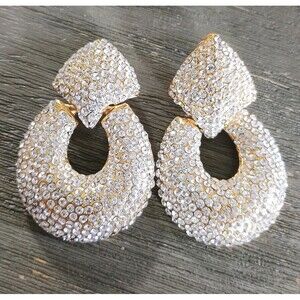 Jarin Pave Swarovski Crystal Vintage Large Gold Tone Clip On Dangle Earrings